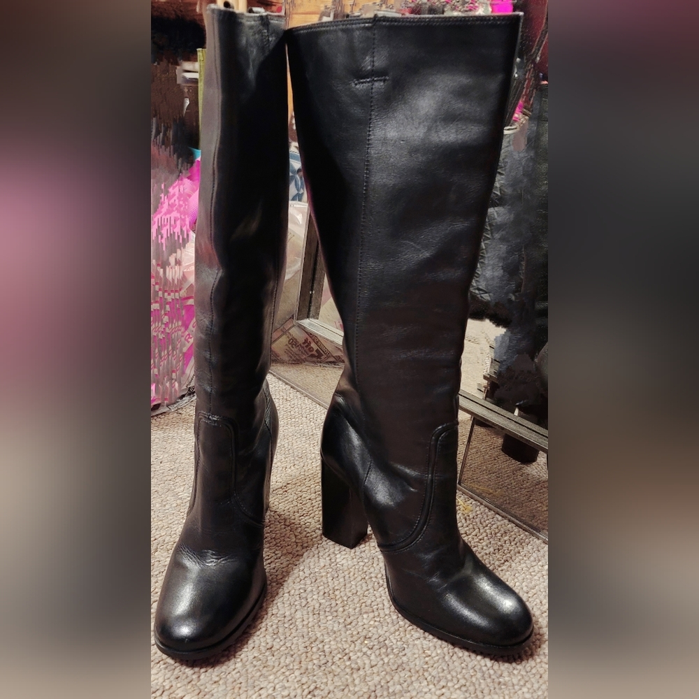 NWOT Black Soft Leather Tall Boots Made in Brazil Generous Calf